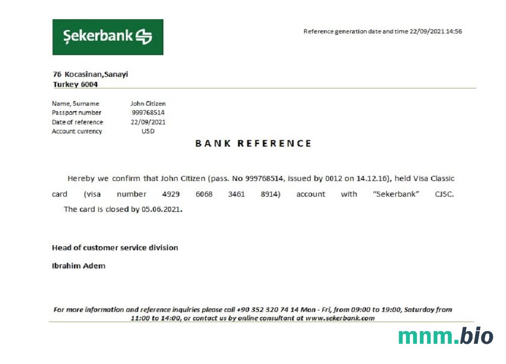 Turcja Sekerbank zamknięcie przykład odniesienia w formatach Word i PDF